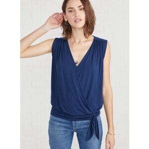 Amour Vert Simone Dream Knit V-Neck Sleeveless Wrap Top in Navy Blue Size Large